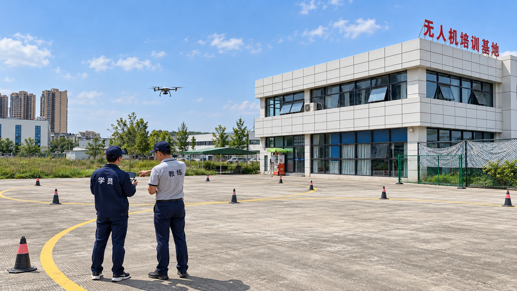教练与学员在培训基地开展飞行训练的生成场景示意